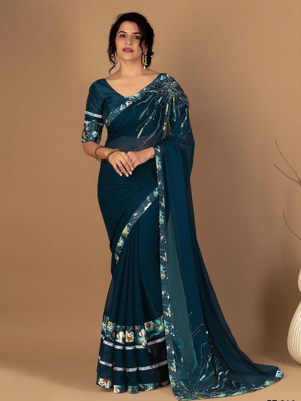 Peacock Blue Fancy Dyed Digital Print Saree